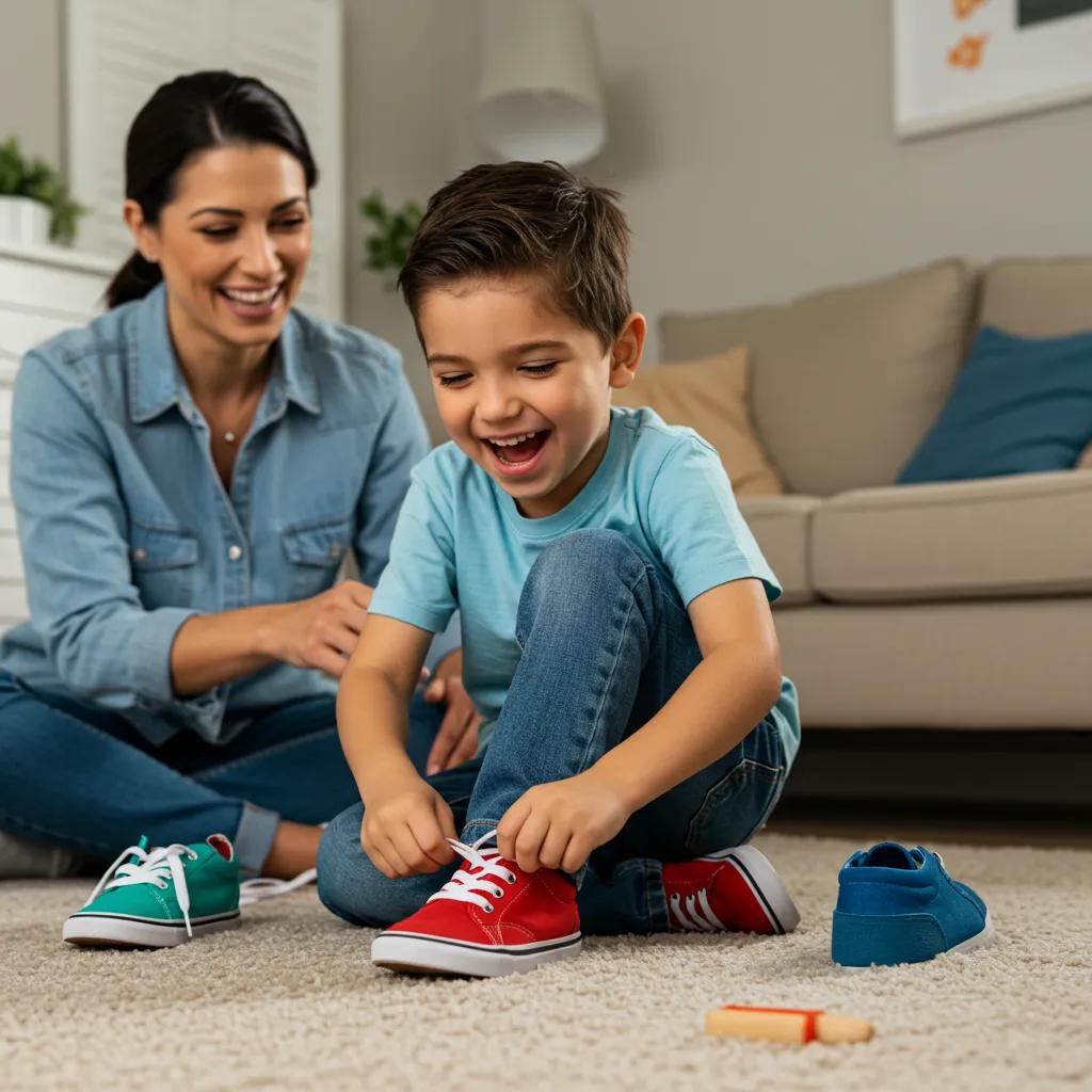 Child tying shoes independently, illustrating success from task analysis in ABA therapy