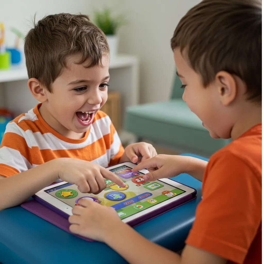 Child using a tablet in an ABA session, engaged with colorful game elements to enhance motivation