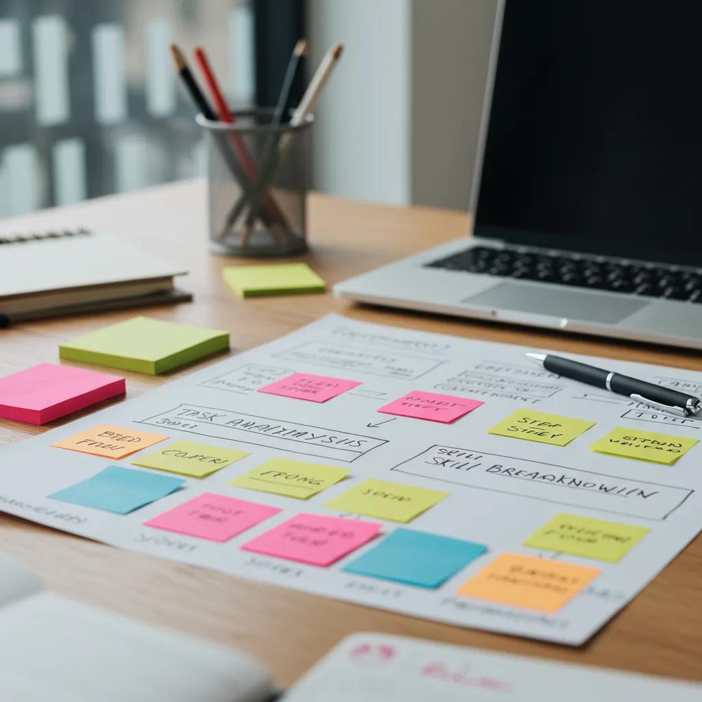 Detailed task analysis plan with sticky notes outlining key steps in ABA therapy