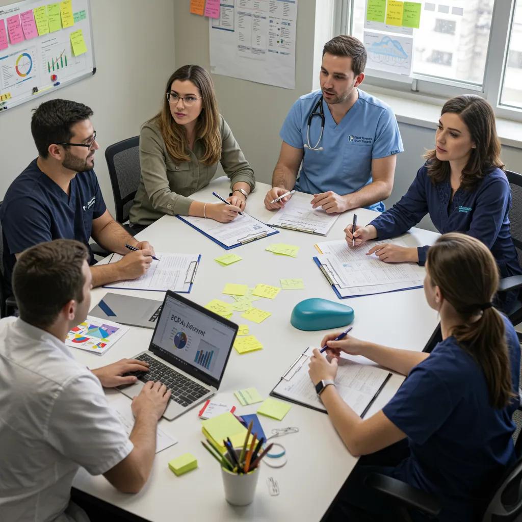 Interdisciplinary team meeting discussing collaborative ABA therapy strategies for child development