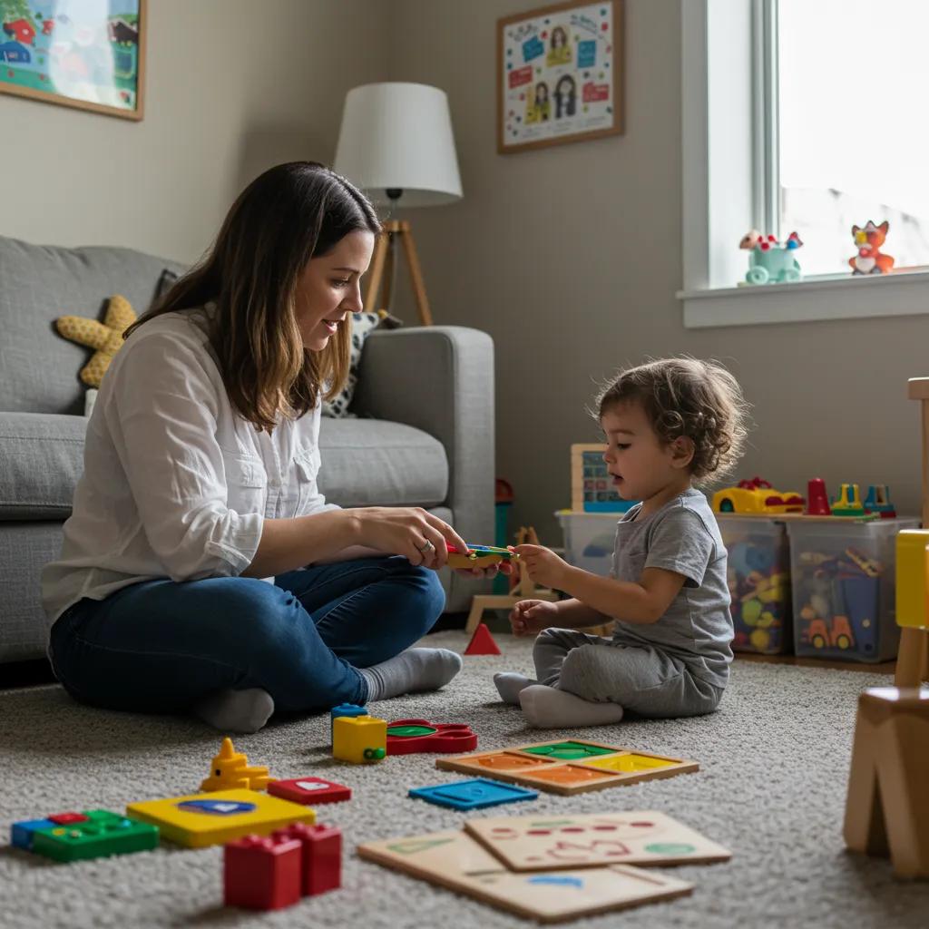 Parent and child engaged in an ABA therapy session at home, showcasing the collaborative role of families