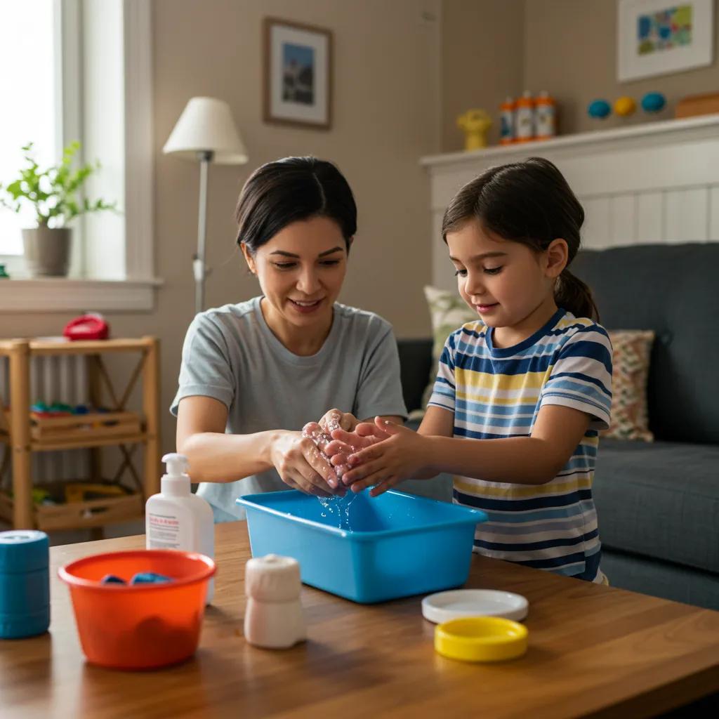 Parent and child practicing self-care routines together at home