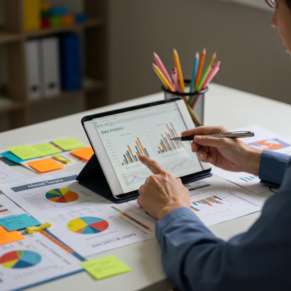 Therapist analyzing data on a tablet with charts and notes in a professional setting
