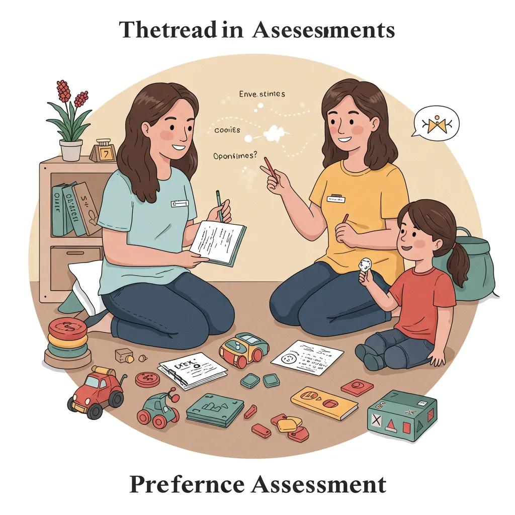 Therapist conducting a preference assessment with a child, showcasing various toys and activities
