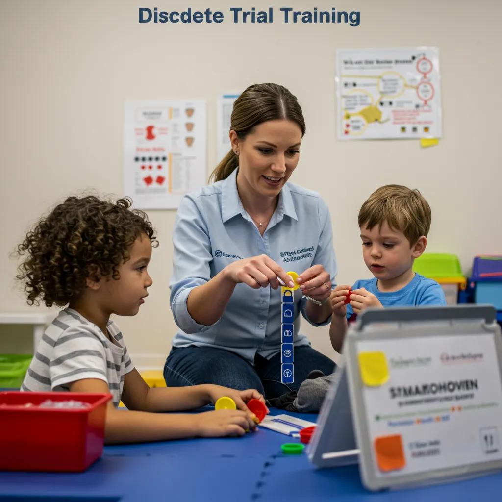 Therapist using Discrete Trial Training techniques with a child in a structured learning environment