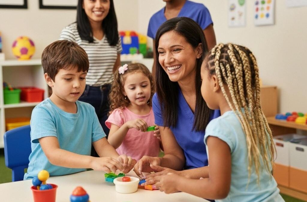 ### Key Elements

#### Main Subjects
- A group of children (three) and two adults (one in a blue shirt and one in scrubs).

#### Objects
- Colorful stacking toys, play dough, and various educational toys on a table.

#### Notable Features
- Brightly lit classroom environment with colorful decorations and educational posters on the walls.
- The adults are engaging with the children, fostering interaction.

#### Text/Symbols
- No visible text or symbols in the image.

### Overall Mood/Theme
The scene conveys a warm, nurturing atmosphere focused on play and learning. The expressions of joy and engagement among the children and adults suggest a supportive educational environment.