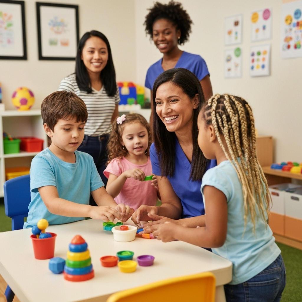 6505c64d-15c5-4e82-810e-ecbd60665997.jpeg ### Key Elements
#### Main Subjects
- A group of children (three) and two adults (one in a blue shirt and one in scrubs).
#### Objects
- Colorful stacking toys, play dough, and various educational toys on a table.
#### Notable Features
- Brightly lit classroom environment with colorful decorations and educational posters on the walls.
- The adults are engaging with the children, fostering interaction.
#### Text/Symbols
- No visible text or symbols in the image.
### Overall Mood/Theme
The scene conveys a warm, nurturing atmosphere focused on play and learning. The expressions of joy and engagement among the children and adults suggest a supportive educational environment.